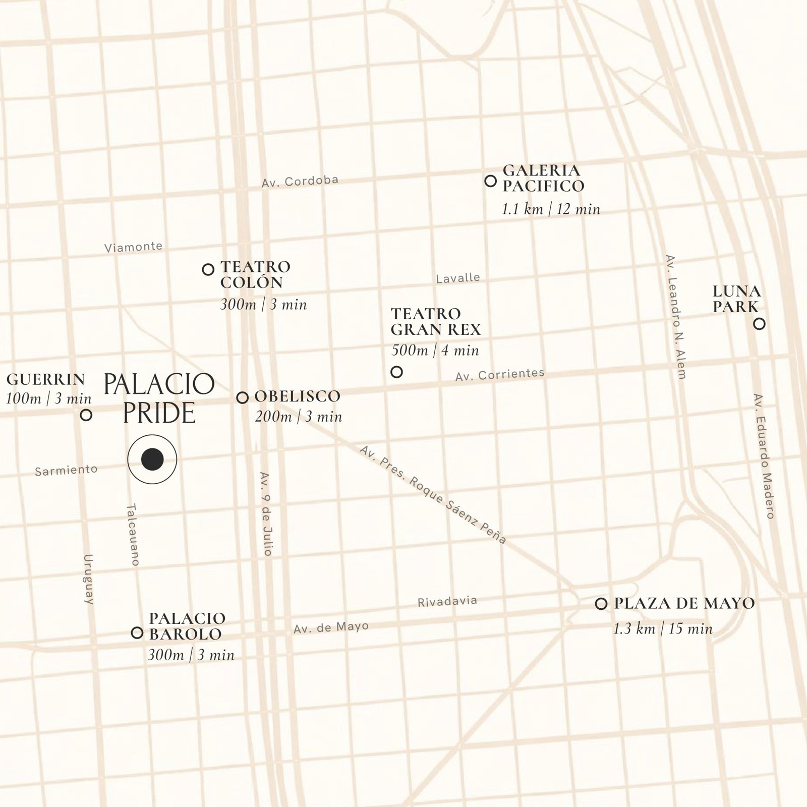 Mapa del centro de Buenos Aires con Palacio Pride en Talcahuano y Sarmiento. Distancias: Güerrín 100 m (3 min), Obelisco 200 m (3 min), Teatro Colón 300 m (3 min), Palacio Barolo 300 m (3 min), Teatro Gran Rex 500 m (4 min), Galerías Pacífico 1,1 km (12 min), Plaza de Mayo 1,3 km (15 min).