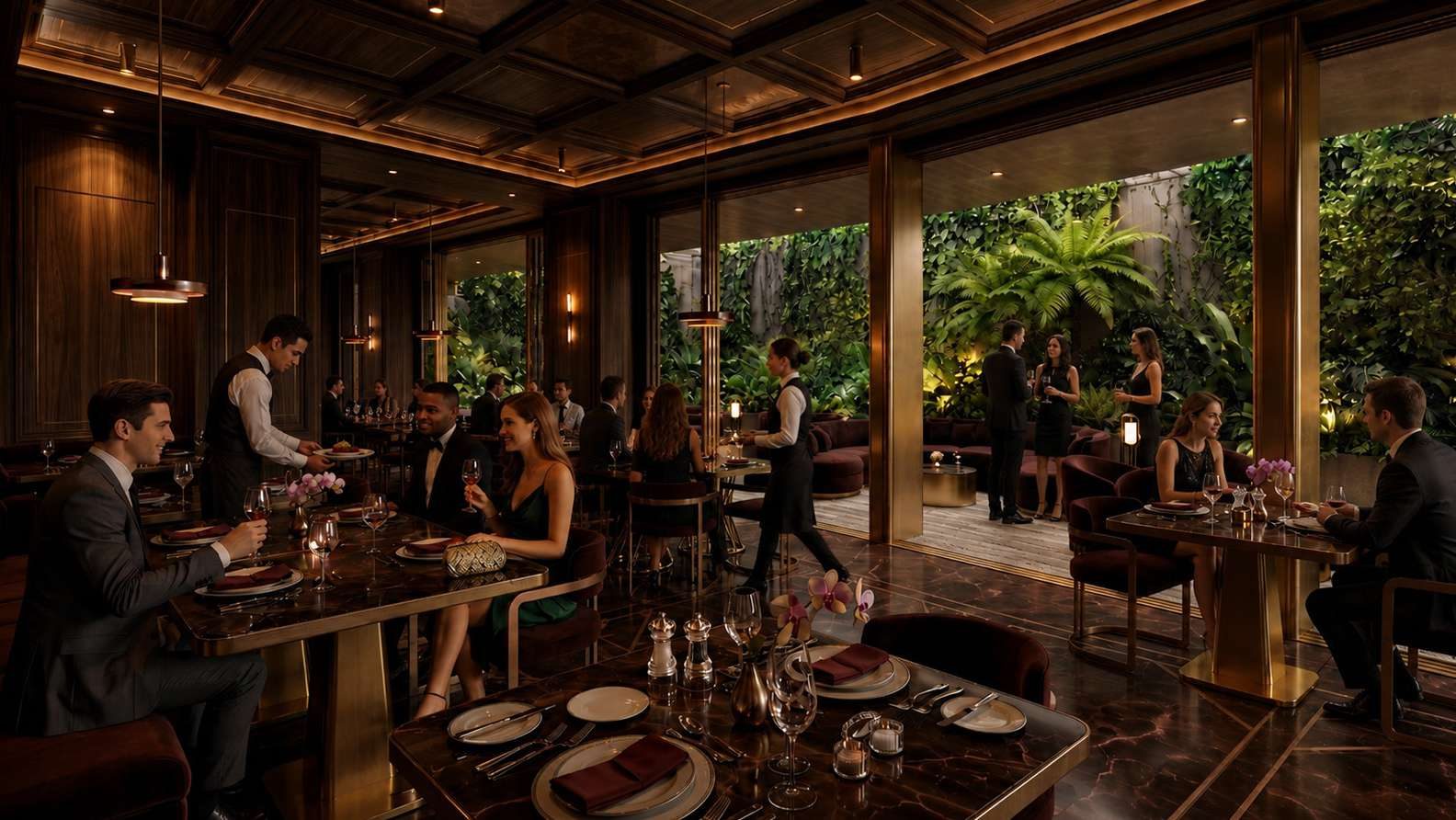 Restaurante de Mauro Colagreco en Palacio Pride, con mesas de mármol, techos de madera y ventanales hacia un jardín