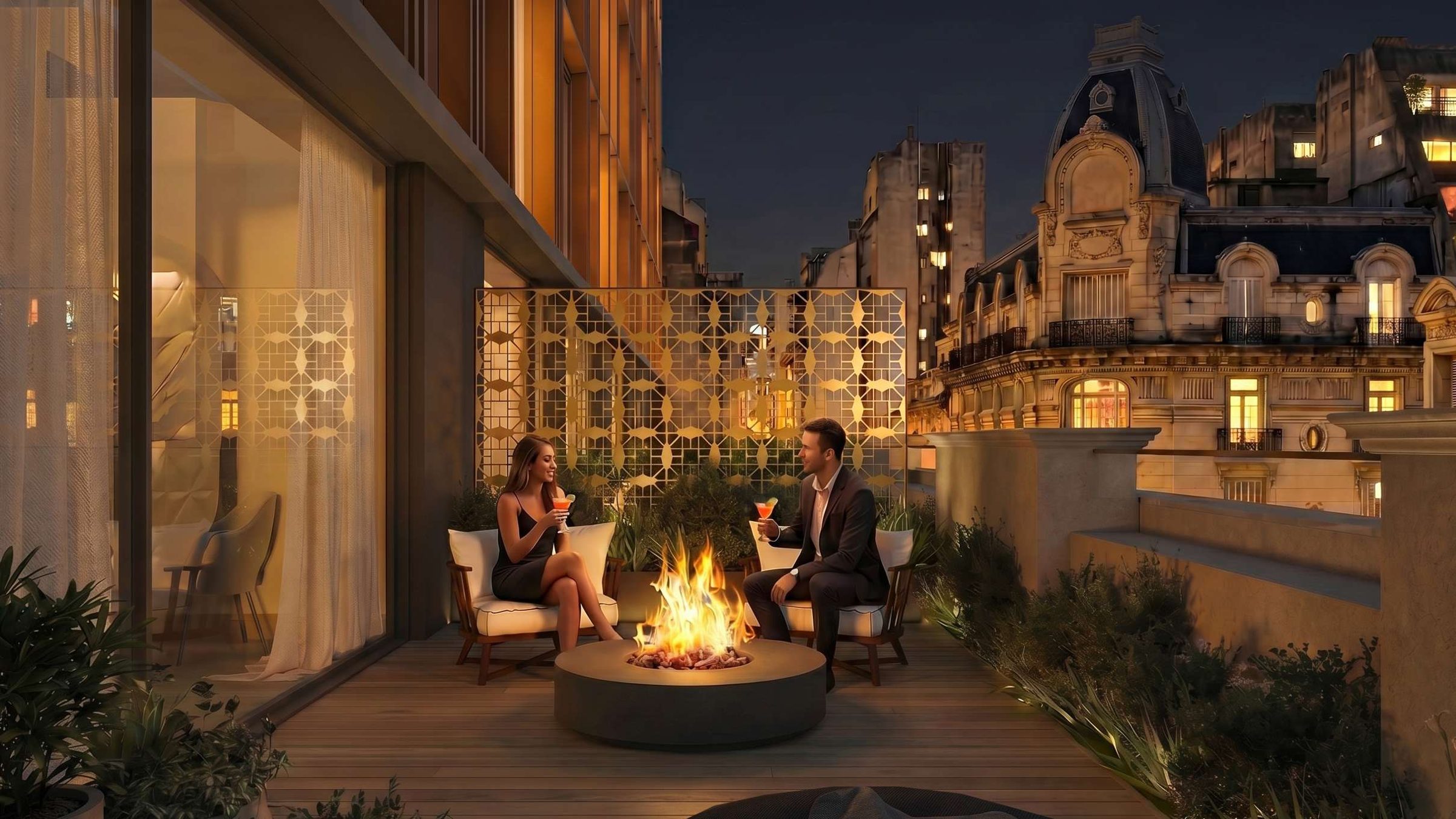 Terraza privada con fogonero al anochecer, frente a las cúpulas históricas del centro porteño